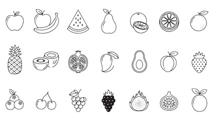 Fruits and vegetable icon set. Containing apple, banana, orange, grape, strawberry, watermelon, tomato, cucumber, cauliflower, eggplant, radish, mushroom, and more. Vector illustration