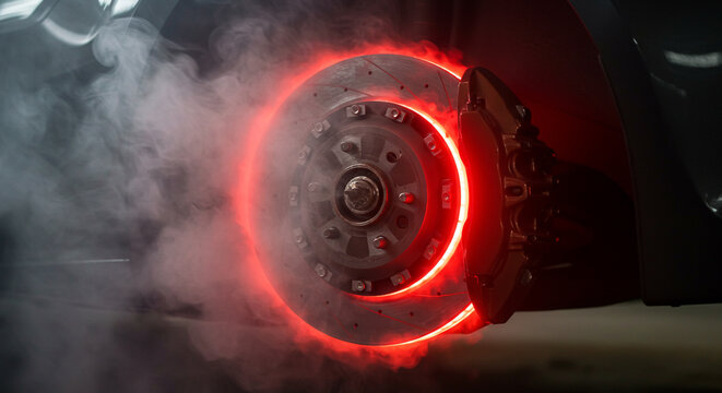 Glowing sports brake disc with red caliper