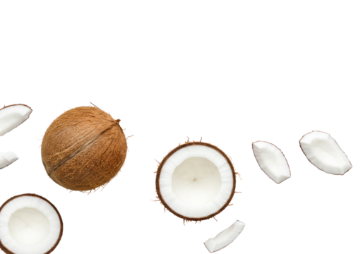 Whole brown coconut, half coconut with white flesh, green palm fronds on seamless transparent high-key studio background with copy space. Concept of tropical wellness and natural health