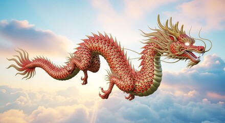 Fototapeta premium Majestic red and gold dragon soaring through the clouds, symbolizing power and luck