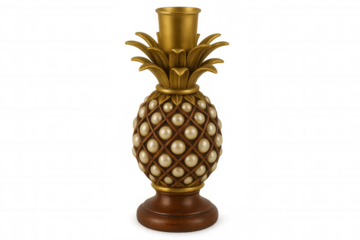 Ornate pineapple candle holder with faux pearls and gold accents, isolated on a transparent background, adding a touch of tropical elegance