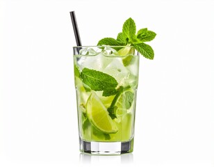 A refreshing Mojito cocktail with fresh mint leaves, lime wedges, and ice cubes in a tall glass, presented on a white background.