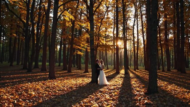 Bride groom wedding embrace autumn forest sunlight golden leaves romantic scene nature love peaceful atmosphere sunset tall trees
