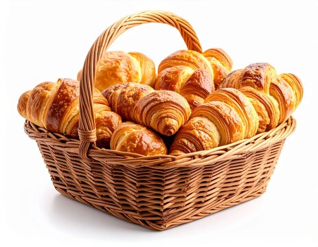 A rustic wicker basket overflowing with freshly baked golden brown croissants on a white background.