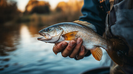Obraz premium Fisherman holding fresh caught fish – front view, created with AI