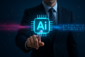 businessman touching a futuristic glowing ai chip, artificial intelligence and machine learning concept, data processing and cyber technology innovation