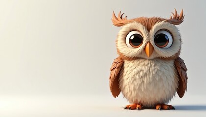 Cute cartoon owl with big brown eyes and orange beak stands on white background. Fluffy brown and white feathers, small wings. Adorable bird character, forest creature, symbol of wisdom, night animal.