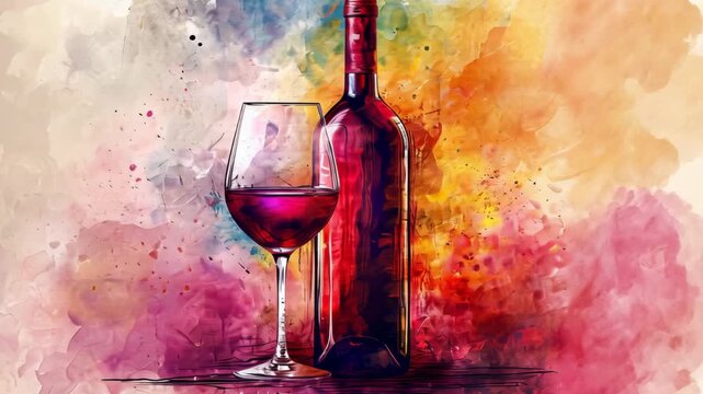 Watercolor drawing of a wine bottle and glass. Selective focus. Drink.