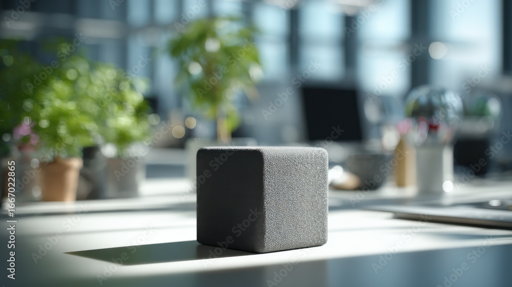 Aufkleber close medium shot showcasing a sustainable quiet cube made of recycled material isolated in sharp de