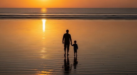 Father and son walking on the beach at sunset holding hands