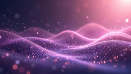 Abstract Y2K digital stardust veil illustration. Flowing purple, pink waves feature glittering particles. Soft cosmic background with glowing light effects. Ideal for science, fantasy, space themes.