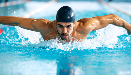 Determined Male Swimmer Executing Butterfly Stroke with Splashing Water in a Pool