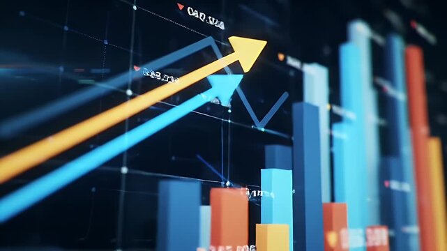 Dynamic Financial Data Visualization with Rising Arrows and Colorful Bar Graph on a Dark Background Displaying Fluctuating Market Numbers and Economic Growth Analytics