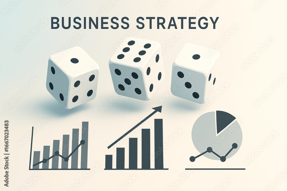 Aufkleber business strategy concept with dice and various charts showing growth and data analysis, symbolizing