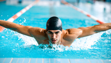 Focused Male Swimmer Executing Butterfly Stroke in a Vibrant Blue Pool
