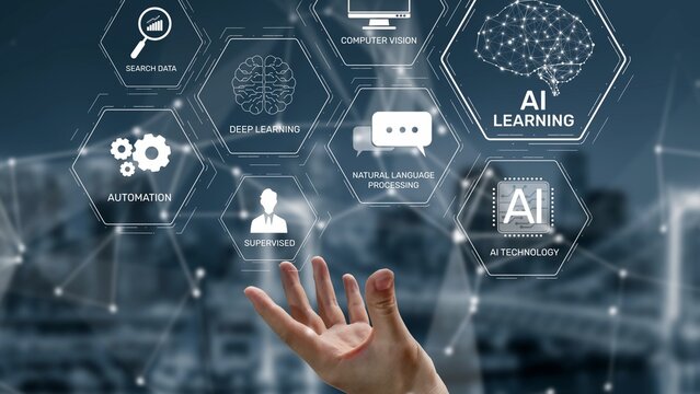 AI learning system involves deep learning, supervised machine learning, and natural language processing. AI learning diagram shows how AI advances learn in automation and data processing. Muxer