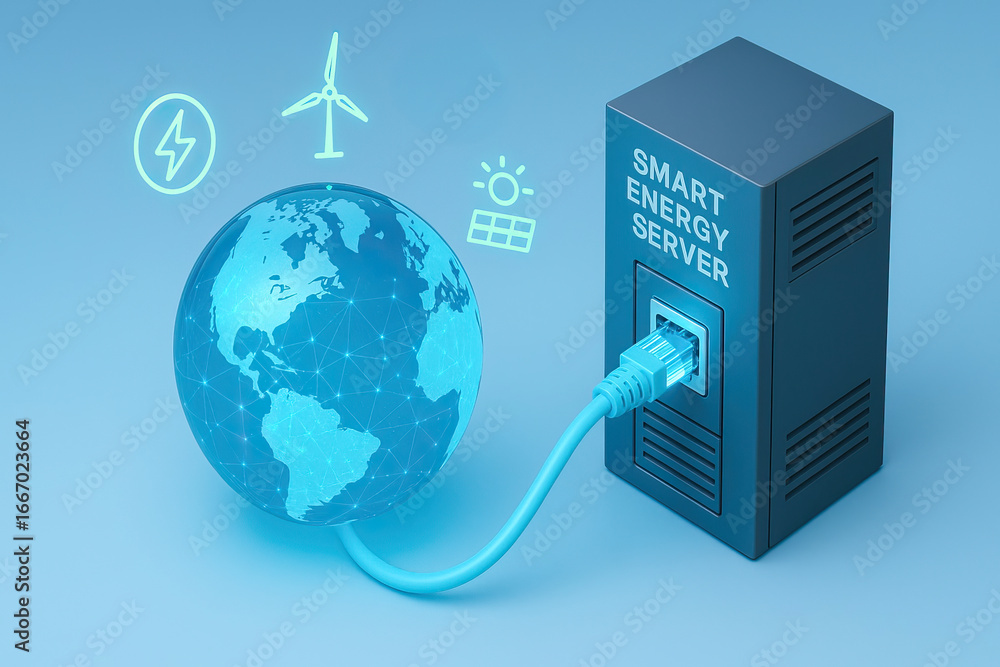 Poster smart energy server connected to digital globe representing renewable power sources like wind and so