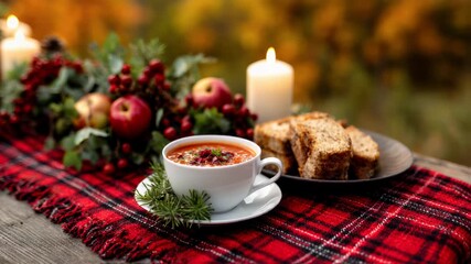 A warm and comforting bowl of delicious soup, beautifully surrounded by fresh apples and vibrant autumn leaves