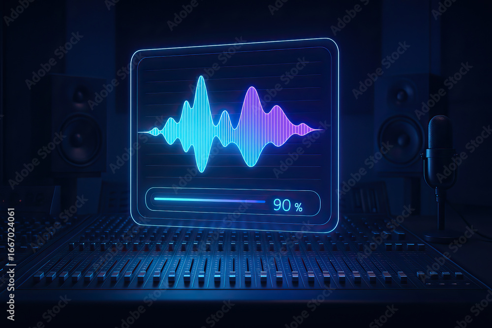 Poster audio mixer with digital sound wave display and microphone in dark studio environment showing 90 per