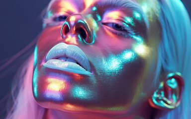 Woman with iridescent makeup and platinum blonde hair close up on transparent background