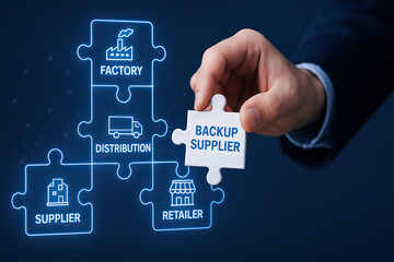 Supply chain management concept with puzzle pieces showing factory, distribution, supplier, retailer, and backup supplier in business hand holding piece