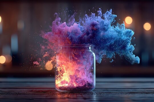 Vibrant chemical reaction in a beaker emits colorful gaseous clouds