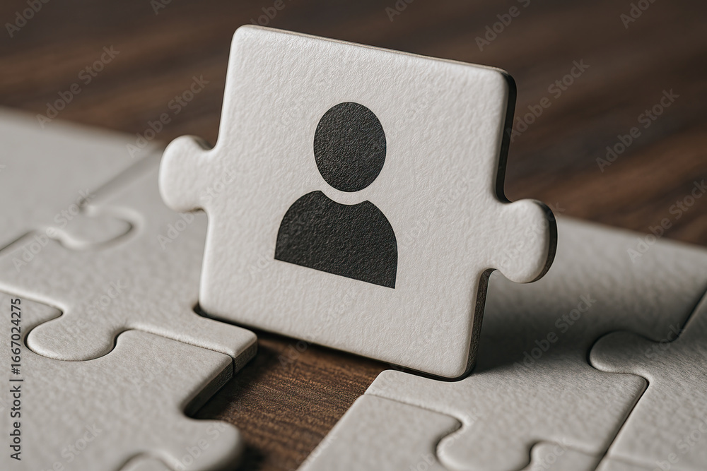 Poster user icon puzzle piece fitting into white jigsaw puzzle on wooden surface, symbolizing connection an