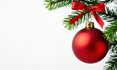 Obraz premium A classic red Christmas ball ornament isolated on a pure white background, perfect for holiday designs and festive celebrations, christmas tree ornament, seasonal, macro