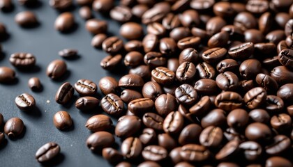 Fototapeta premium Close-up of dark roasted coffee beans scattered on a black background, showcasing rich texture and detail, coffee, still life