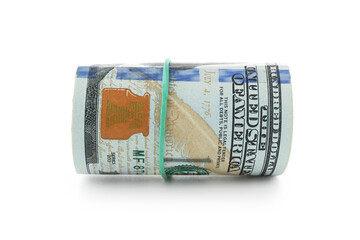 Roll of dollar banknotes isolated on white