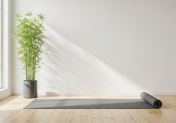 Serene yoga studio with natural light and bamboo plant awaiting your practice