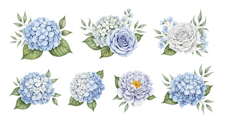 Elegant Watercolor Floral Set Featuring Blue Hydrangeas and Roses for Wedding Invitations and Delicate Botanical Designs, Perfect for Decorative Arts