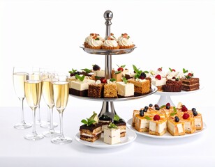 Elegant tiered dessert display featuring various cakes and pastries alongside champagne flutes.