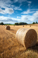 Golden Hay Bales in Field Under Blue Sky with Clouds, Rural Landscape