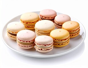 Obraz premium A plate of colorful macarons in pastel shades, arranged in a close-up, showcasing their delicate texture and filling.