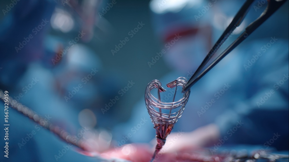 Poster medium distance shot of the selfexpanding aortic valve frame in action zoomed on the device as it un