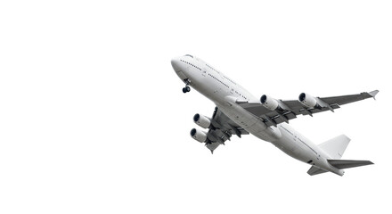 Obraz premium transparent wide-body passenger airplane, four engines, visible windows, banking upwards on a transparent studio background with copy space, concept of global travel and progress