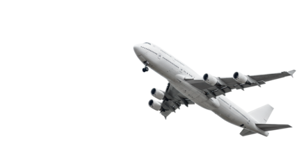 transparent wide-body passenger airplane, four engines, visible windows, banking upwards on a transparent studio background with copy space, concept of global travel and progress