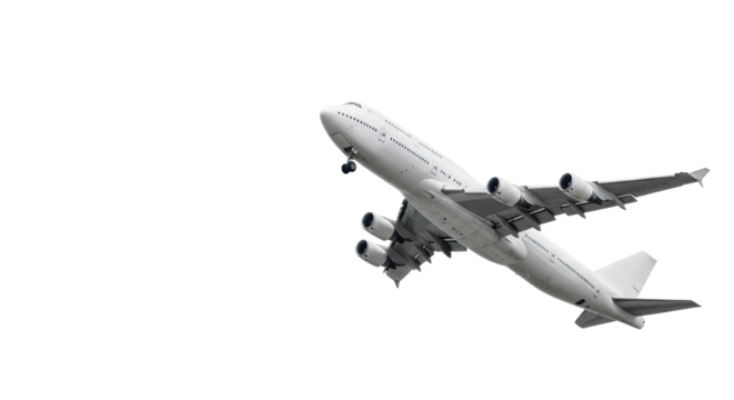 transparent wide-body passenger airplane, four engines, visible windows, banking upwards on a transparent studio background with copy space, concept of global travel and progress