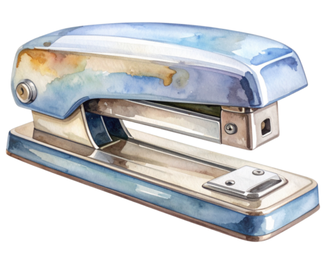Artistic Watercolor Illustration of Classic Vintage Metal Stapler, Transparent Background