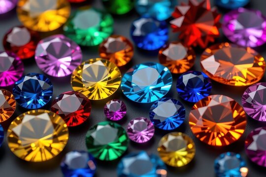 Vibrant gemstones arranged on a dark background, showcasing their rich hues and textures. Ideal for jewelry, luxury, or fantasy themes, gems, ruby, colorful background