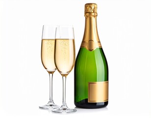 Elegant champagne bottle and two flutes filled with sparkling golden bubbly, ready to toast.