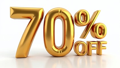 Golden 70 off discount offer with shiny 3D numbers. Big sale event promotion graphic. Perfect for advertising deals, special prices, clearance events. Use for online banners, marketing campaigns,