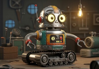 Retro robot in workshop