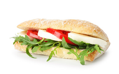 Delicious sandwich with mozzarella cheese, tomato and arugula isolated on white