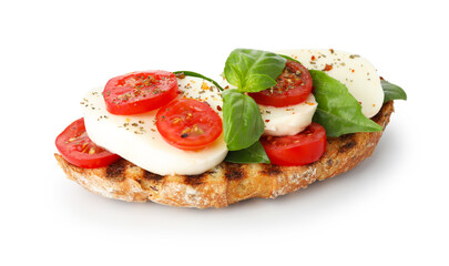 Delicious sandwich with mozzarella cheese, tomato and basil isolated on white