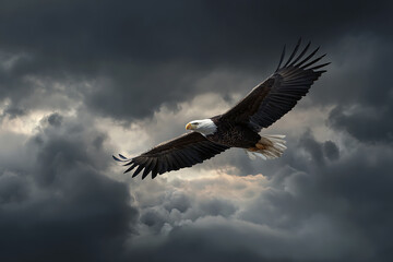 Fototapeta premium Majestic Bald Eagle Soaring Through a Dramatic, Stormy Sky