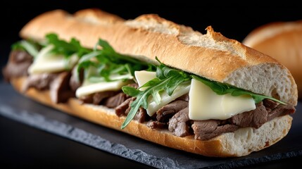 Succulent baguette sandwich features tender beef, gooey melted cheese, and crisp arugula, beautifully presented with a rich backdrop