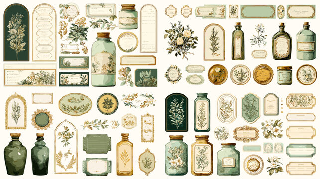 Collection of vintage apothecary labels and decorative glass bottles with floral and botanical illustrations, perfect for retro design, packaging, and craft projects.
