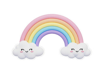 Pastel rainbow with smiling clouds, a cute and colorful graphic illustration.
